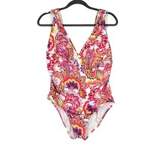 Swimsuit One Piece Womens Size L 12-14 Bright Floral Ruched Sides Knotted Strap